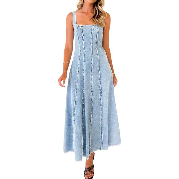 Women Jean Dress Light Blue Slim Fit Maxi Casual Sleeveless High Waist